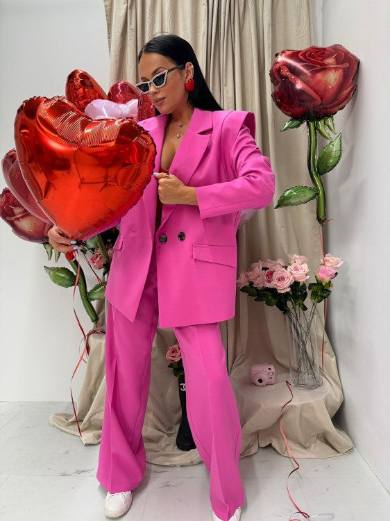 la milla spodnie fuksjowe, la milla spodnie w kant różowe, la milla eleganckie szerokie spodnie różowe, la milla garnitur różowy, la milla elegancki garnitur różowy, la milla spodnie materiałowe w kant, garnitur damski na wiosnę