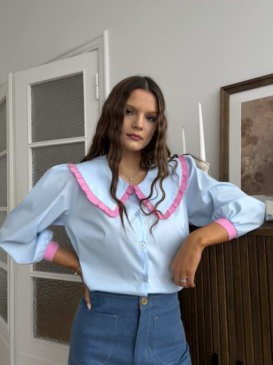 koszula purpura, koszula z kołnierzykiem purpura, koszula vintage, koszula damska z kołnierzykiem, koszula damska na wiosnę, koszula damska do jeansów, zapinana koszula z kołnierzykiem, koszula damska purpura błękitna