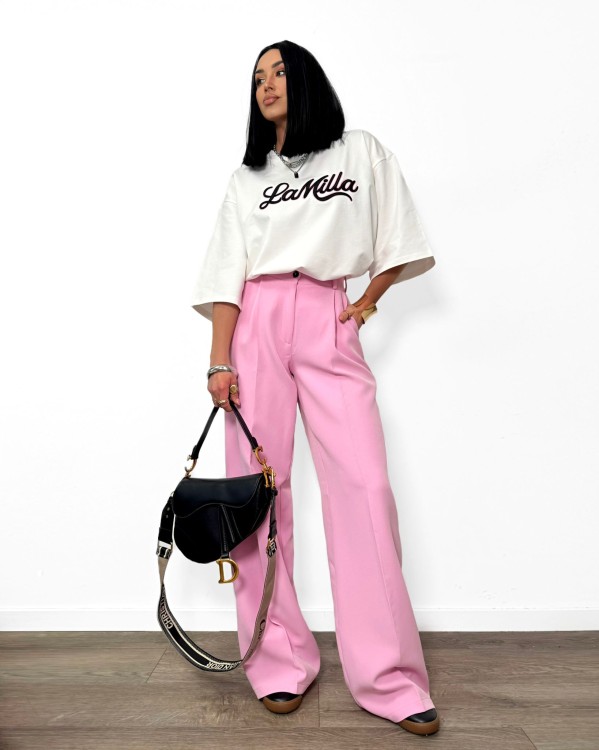 la milla spodnie różowe, la milla spodnie w kant różowe, la milla eleganckie szerokie spodnie różowe, la milla garnitur różowy, la milla elegancki garnitur różowy, la milla spodnie materiałowe w kant, garnitur damski na wiosnę