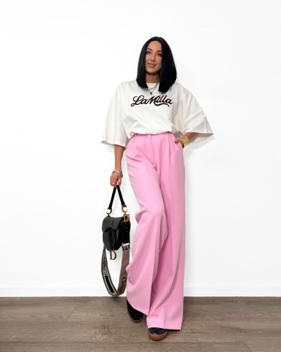 la milla spodnie różowe, la milla spodnie w kant różowe, la milla eleganckie szerokie spodnie różowe, la milla garnitur różowy, la milla elegancki garnitur różowy, la milla spodnie materiałowe w kant, garnitur damski na wiosnę