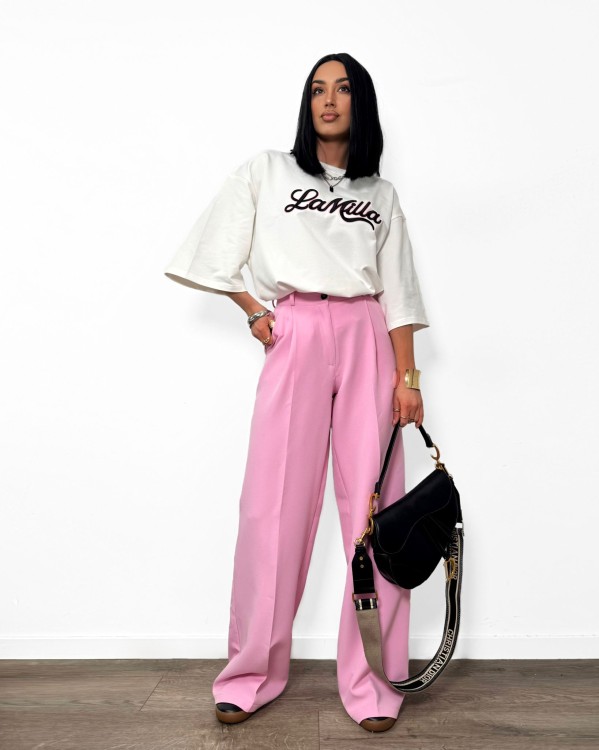 la milla spodnie różowe, la milla spodnie w kant różowe, la milla eleganckie szerokie spodnie różowe, la milla garnitur różowy, la milla elegancki garnitur różowy, la milla spodnie materiałowe w kant, garnitur damski na wiosnę