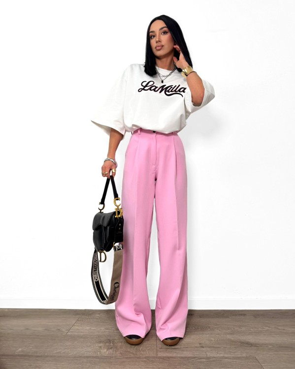 la milla spodnie różowe, la milla spodnie w kant różowe, la milla eleganckie szerokie spodnie różowe, la milla garnitur różowy, la milla elegancki garnitur różowy, la milla spodnie materiałowe w kant, garnitur damski na wiosnę