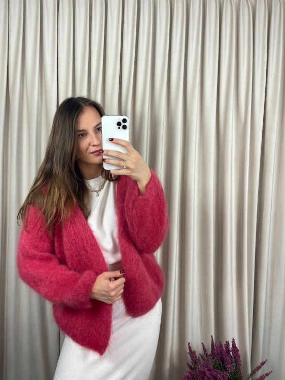 kardigan moherowy malinowy, kardigan kid moher arbuzowy, sweter kid moher malinowy, sweter moherowy, kardigan wełniany malinowy, kardigan moherowy na wiosnę, kardigan kid moher malinowy