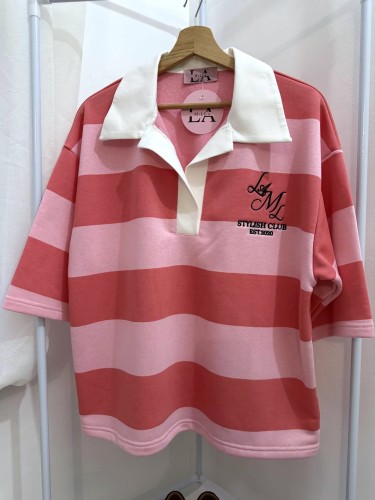 la milla bluza polo brzoskwiniowo-różowe, la milla bluza polo w szerokie pasy, la milla bluza w pasy, la milla bluza w pasy z białym kołnierzykiem, la milla bluza polo z białym kołnierzykiem, la milla bluza w pasy na wiosnę