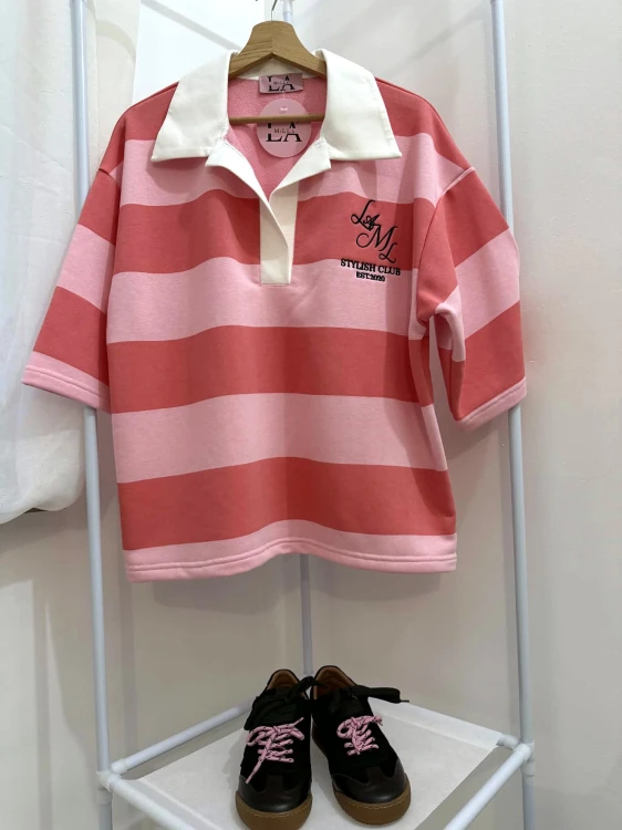 la milla bluza polo brzoskwiniowo-różowe, la milla bluza polo w szerokie pasy, la milla bluza w pasy, la milla bluza w pasy z białym kołnierzykiem, la milla bluza polo z białym kołnierzykiem, la milla bluza w pasy na wiosnę