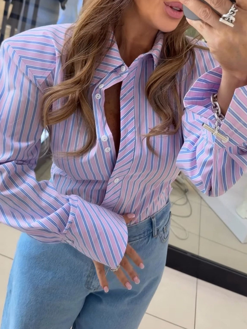 Emo koszula big boss, emo elegancka bluzka big boss w paski, emo koszula big boss różowa w błękitne paski, emo elegancka koszula big boss, emo koszula na guziki w paski, emo koszula big boss na wiosnę