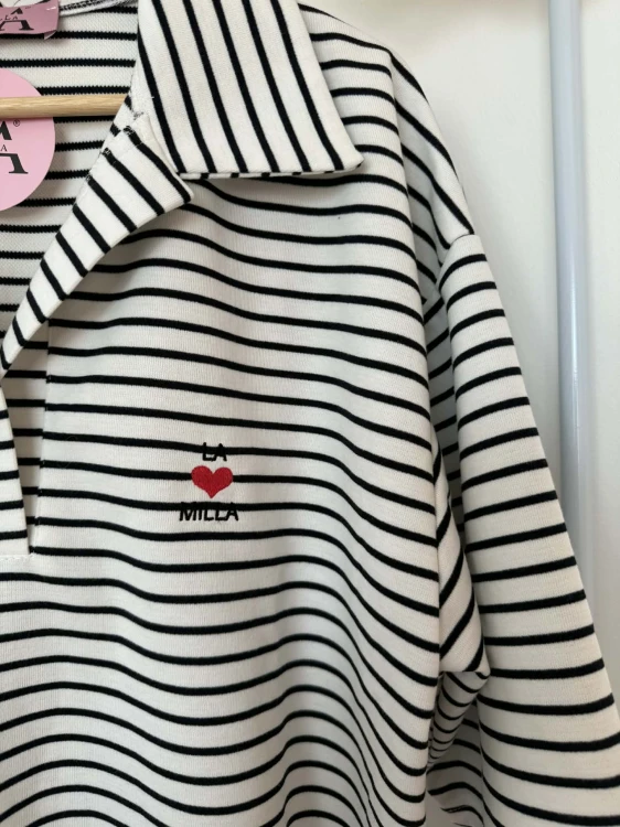 la milla bluza polo w paski biało-czarne, la milla bluza polo w paski, la milla bluza z krótkim rękawem w paski, la milla bluza w paski z białym kołnierzykiem, la milla bluzka polo z białym kołnierzykiem, la milla bluzka w pasy na wiosnę