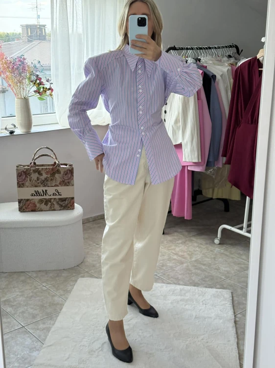 Emo koszula big boss, emo elegancka bluzka big boss w paski, emo koszula big boss różowa w błękitne paski, emo elegancka koszula big boss, emo koszula na guziki w paski, emo koszula big boss na wiosnę