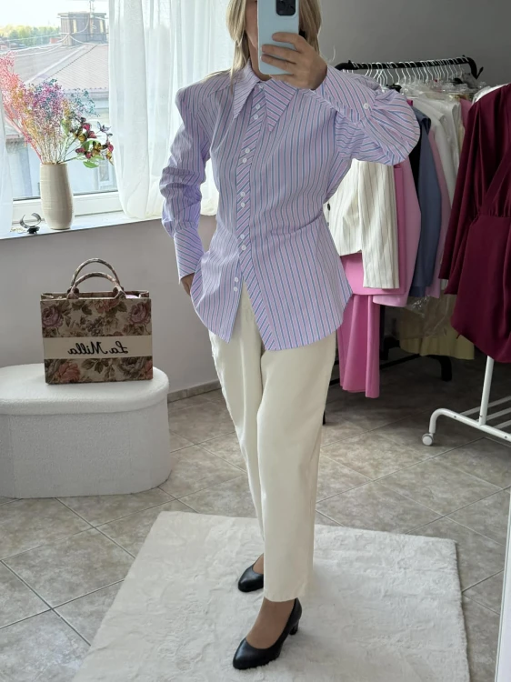 Emo koszula big boss, emo elegancka bluzka big boss w paski, emo koszula big boss różowa w błękitne paski, emo elegancka koszula big boss, emo koszula na guziki w paski, emo koszula big boss na wiosnę