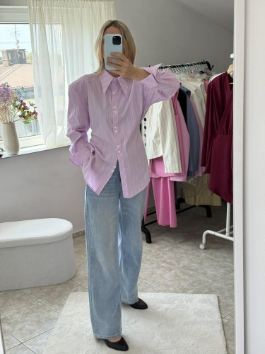 Emo koszula big boss, emo elegancka bluzka big boss w paski, emo koszula big boss różowa w białe paski, emo elegancka koszula big boss, emo koszula na guziki w paski, emo koszula big boss na wiosnę