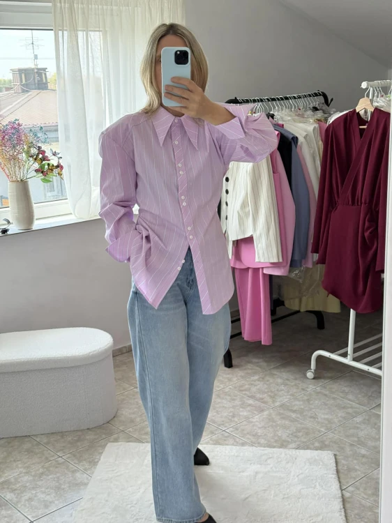 Emo koszula big boss, emo elegancka bluzka big boss w paski, emo koszula big boss różowa w białe paski, emo elegancka koszula big boss, emo koszula na guziki w paski, emo koszula big boss na wiosnę