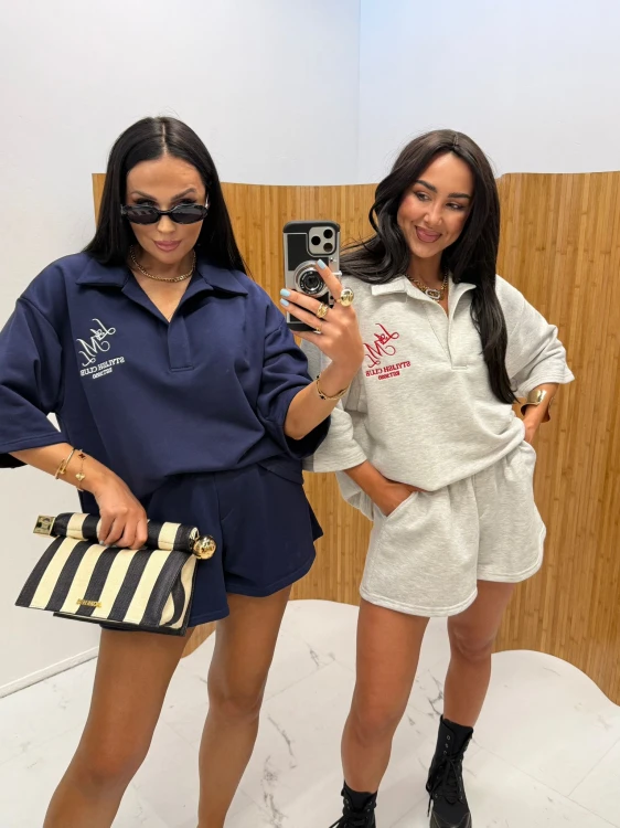 la milla komplet bawełniany szary, la milla komplet szary bluza polo i spodenki, la milla komplet bawełniany na podróż, la milla komplet dresowy na majówkę, la milla komplet bluza polo i spodenki na wiosnę