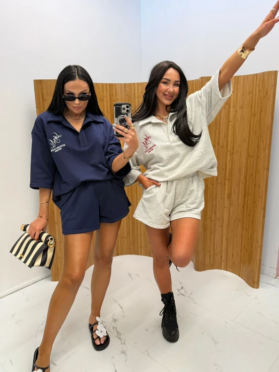 la milla komplet bawełniany szary, la milla komplet szary bluza polo i spodenki, la milla komplet bawełniany na podróż, la milla komplet dresowy na majówkę, la milla komplet bluza polo i spodenki na wiosnę