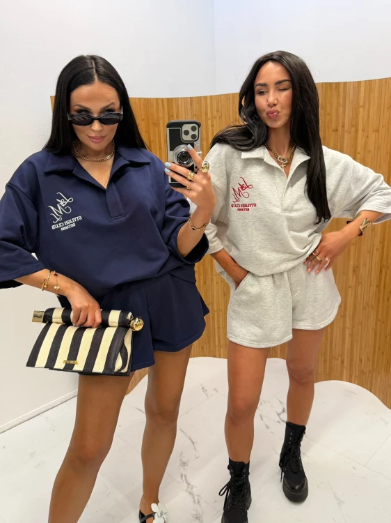 la milla komplet bawełniany szary, la milla komplet szary bluza polo i spodenki, la milla komplet bawełniany na podróż, la milla komplet dresowy na majówkę, la milla komplet bluza polo i spodenki na wiosnę