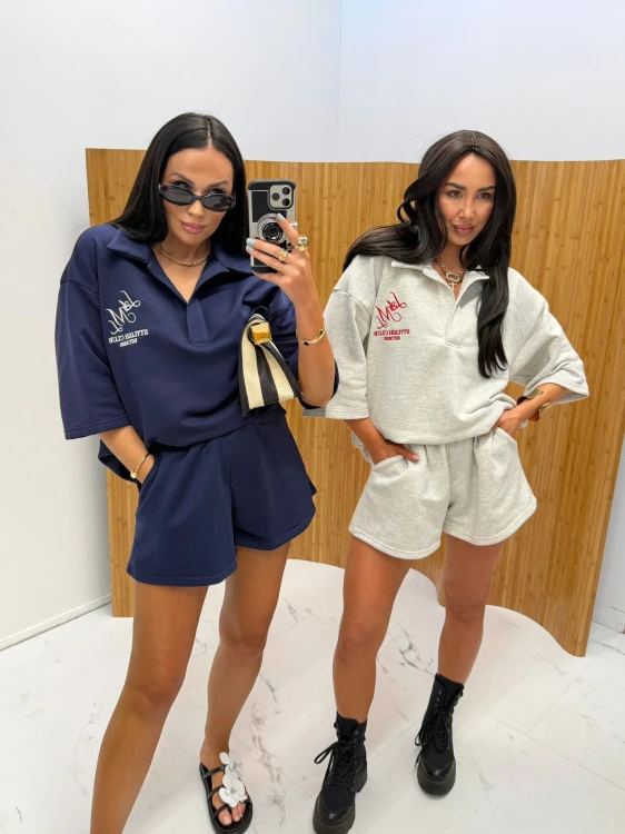 la milla komplet bawełniany szary, la milla komplet szary bluza polo i spodenki, la milla komplet bawełniany na podróż, la milla komplet dresowy na majówkę, la milla komplet bluza polo i spodenki na wiosnę