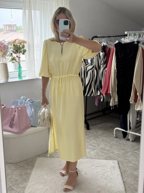 Terrastyll sukienka żółta, elegancka sukienka na komunię, elegancka sukienka na wesele, elegancka sukienka na chrzciny, sukienka na większy rozmiar, elegancka wiskozowa sukienka na lato