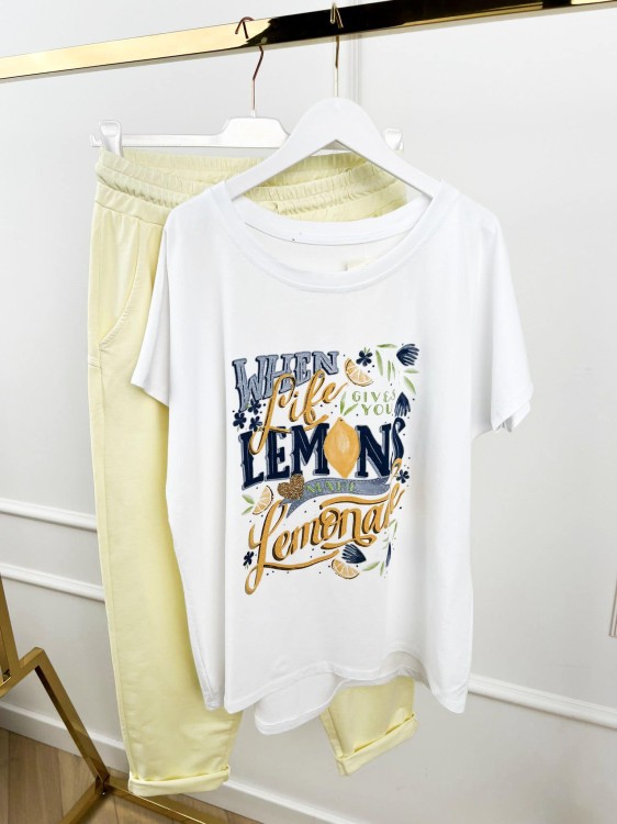 When life gives you Lemons make lemonade, t-shirt lemons, tshirt cytryny, t-shirt damski, tshirt damski biały, bawełniany tshirt damski, bluzka damska bawełniana, biały tshirt, bluzka bawełniana damska, tshirt damski krótki rękawek
