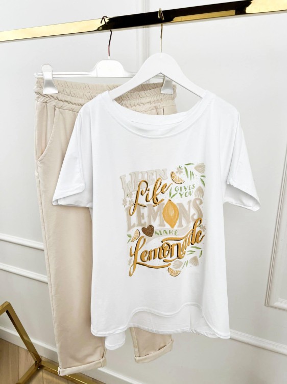 When life gives you Lemons make lemonade, t-shirt lemons, tshirt cytryny, t-shirt damski, tshirt damski biały, bawełniany tshirt damski, bluzka damska bawełniana, biały tshirt, bluzka bawełniana damska, tshirt damski krótki rękawek