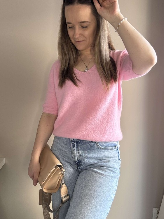 sweter baby alpaka, sweter baby alpaca, sweter baby alpaka różowy, sweter baby alpaka z krótkim rękawem, sweter z krótkim rękawem, różowy sweter, sweter różowy, sweter baby alpaca różowy, sweter baby alpaka róż, sweter baby alpaca róż