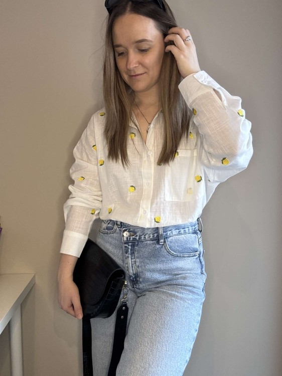 koszula damska, koszula damska bawełniana, koszula damska w haftowane cytryny, koszula w cytryny, koszula bawełniana w haftowane cytryny, koszula w cytryny, koszula o splocie lnianym