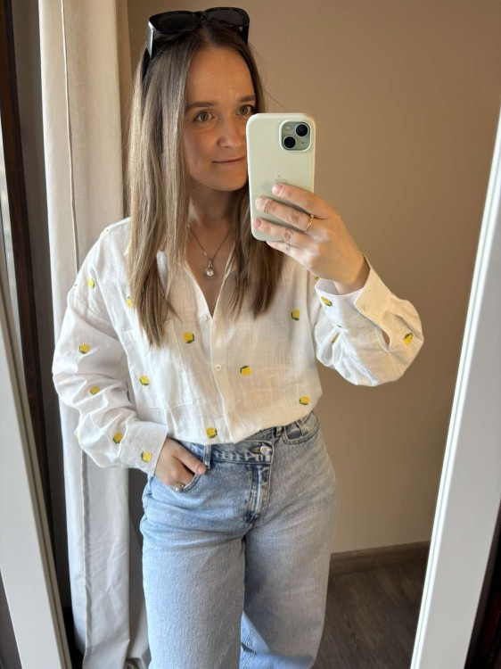 koszula damska, koszula damska bawełniana, koszula damska w haftowane cytryny, koszula w cytryny, koszula bawełniana w haftowane cytryny, koszula w cytryny, koszula o splocie lnianym