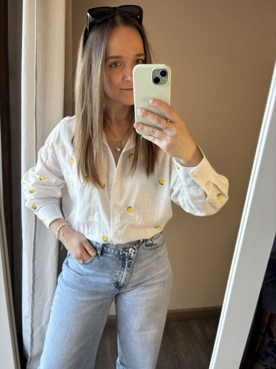 koszula damska, koszula damska bawełniana, koszula damska w haftowane cytryny, koszula w cytryny, koszula bawełniana w haftowane cytryny, koszula w cytryny, koszula o splocie lnianym