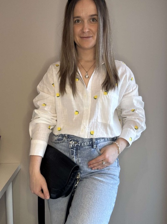 koszula damska, koszula damska bawełniana, koszula damska w haftowane cytryny, koszula w cytryny, koszula bawełniana w haftowane cytryny, koszula w cytryny, koszula o splocie lnianym