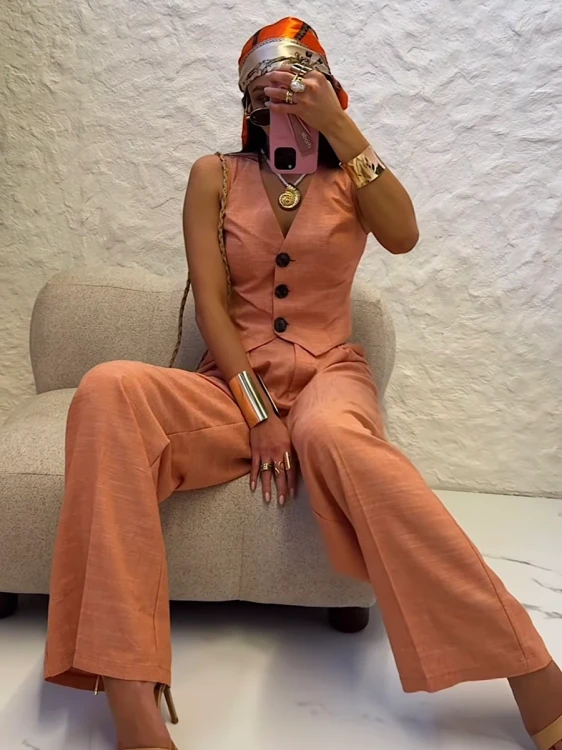 lniane spodnie, la milla, lamilla, spodnie pomarańczowe, komplet, komplet lniany, komplet la milla, spodnie la milla lniane pomarańczowe, stylizacja na lato, elegancka stylizacja letnia