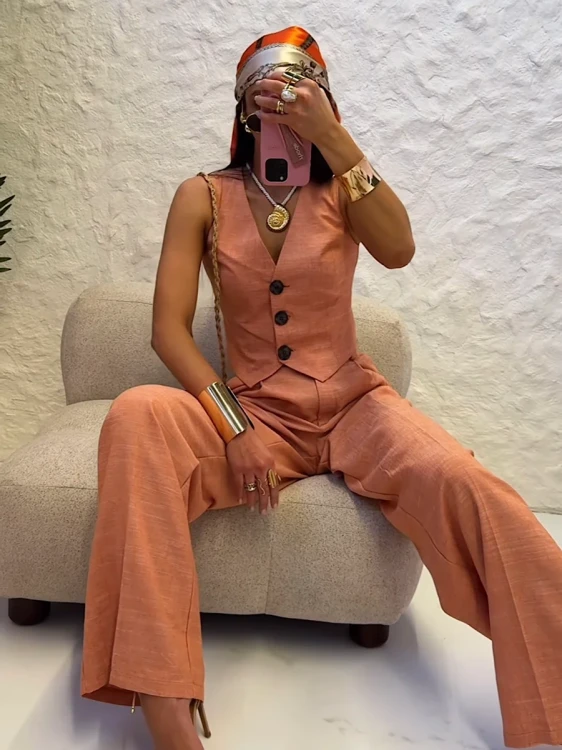 lniane spodnie, la milla, lamilla, spodnie pomarańczowe, komplet, komplet lniany, komplet la milla, spodnie la milla lniane pomarańczowe, stylizacja na lato, elegancka stylizacja letnia