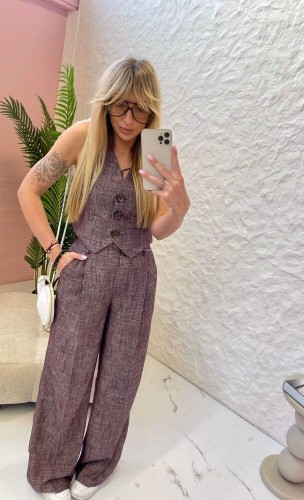 lniana kamizelka, la milla, lamilla, kamizelka czekoladowa, komplet, komplet lniany, komplet la milla, kamizelka la milla lniana czekoladowa, stylizacja na lato, elegancka stylizacja letnia