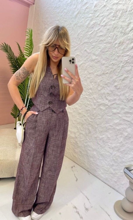 lniana kamizelka, la milla, lamilla, kamizelka czekoladowa, komplet, komplet lniany, komplet la milla, kamizelka la milla lniana czekoladowa, stylizacja na lato, elegancka stylizacja letnia