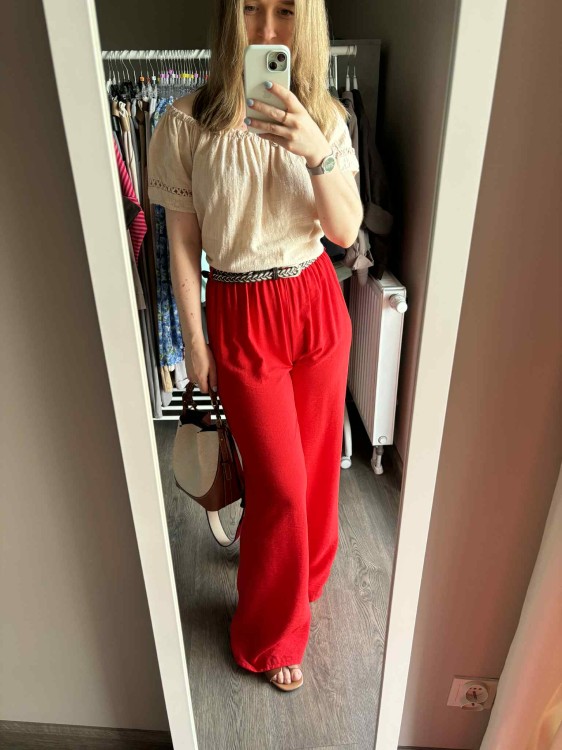 spodnie damskie wiskozowe, spodnie na lato, spodnie wiskozowe, luźne spodnie damskie, spodnie damskie czerwone