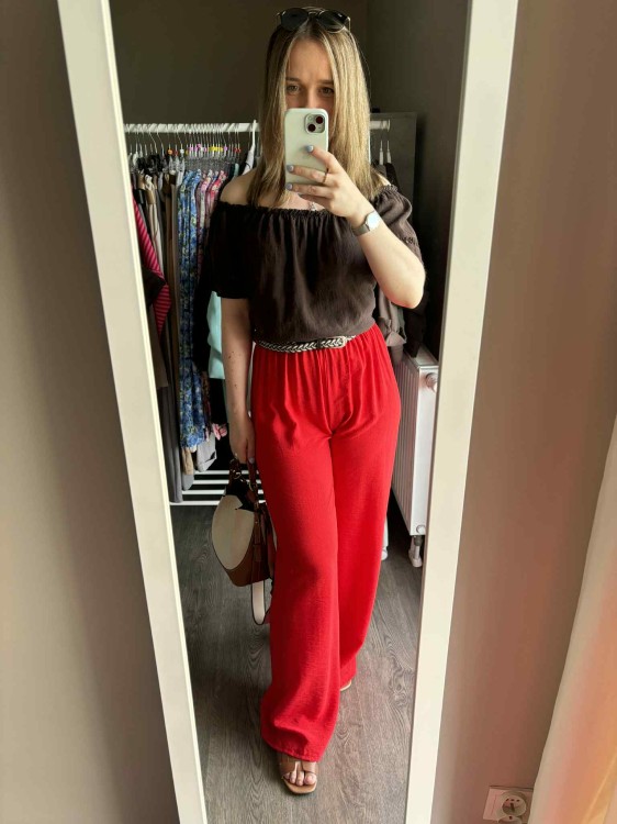 spodnie damskie wiskozowe, spodnie na lato, spodnie wiskozowe, luźne spodnie damskie, spodnie damskie czerwone