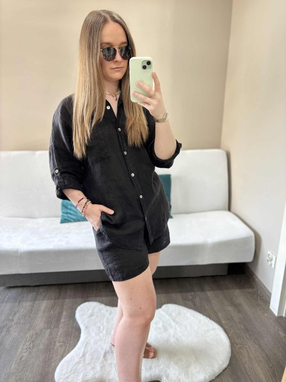 komplet len czarny, len, lniany, komplet lniany czarny, komplet na lato, koszula lniana, spodenki lniane, komplet damski lniany, komplet na lato czarny