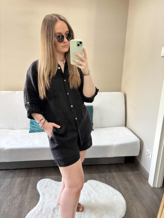 komplet len czarny, len, lniany, komplet lniany czarny, komplet na lato, koszula lniana, spodenki lniane, komplet damski lniany, komplet na lato czarny