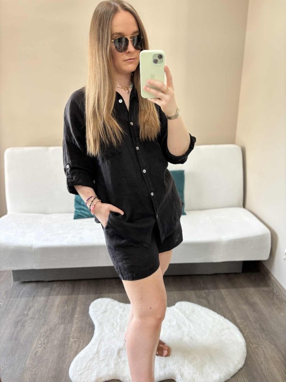 komplet len czarny, len, lniany, komplet lniany czarny, komplet na lato, koszula lniana, spodenki lniane, komplet damski lniany, komplet na lato czarny