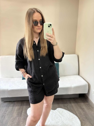 komplet len czarny, len, lniany, komplet lniany czarny, komplet na lato, koszula lniana, spodenki lniane, komplet damski lniany, komplet na lato czarny