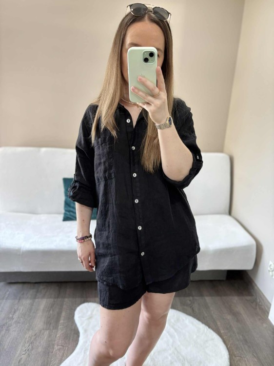 komplet len czarny, len, lniany, komplet lniany czarny, komplet na lato, koszula lniana, spodenki lniane, komplet damski lniany, komplet na lato czarny