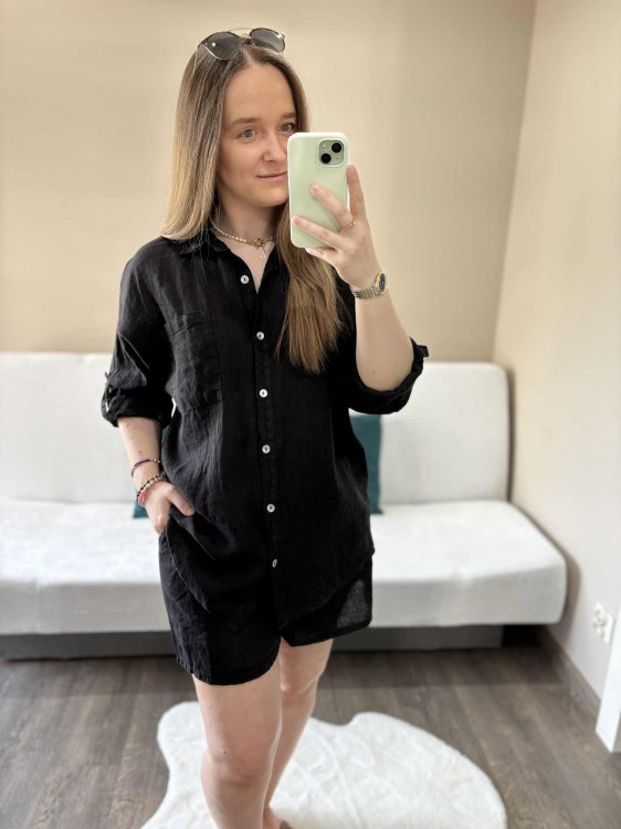 komplet len czarny, len, lniany, komplet lniany czarny, komplet na lato, koszula lniana, spodenki lniane, komplet damski lniany, komplet na lato czarny