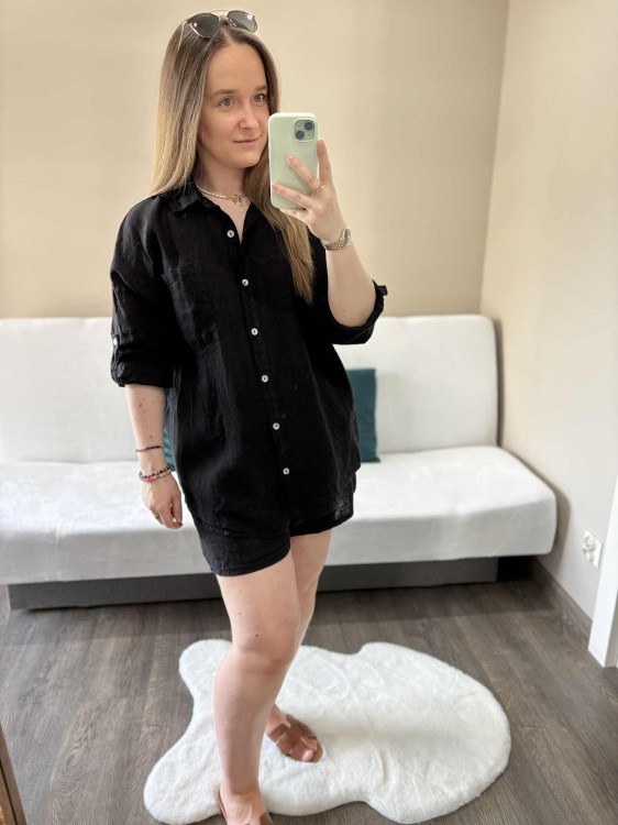 komplet len czarny, len, lniany, komplet lniany czarny, komplet na lato, koszula lniana, spodenki lniane, komplet damski lniany, komplet na lato czarny