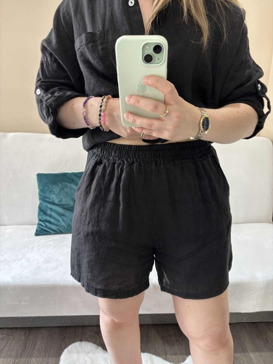 komplet len czarny, len, lniany, komplet lniany czarny, komplet na lato, koszula lniana, spodenki lniane, komplet damski lniany, komplet na lato czarny