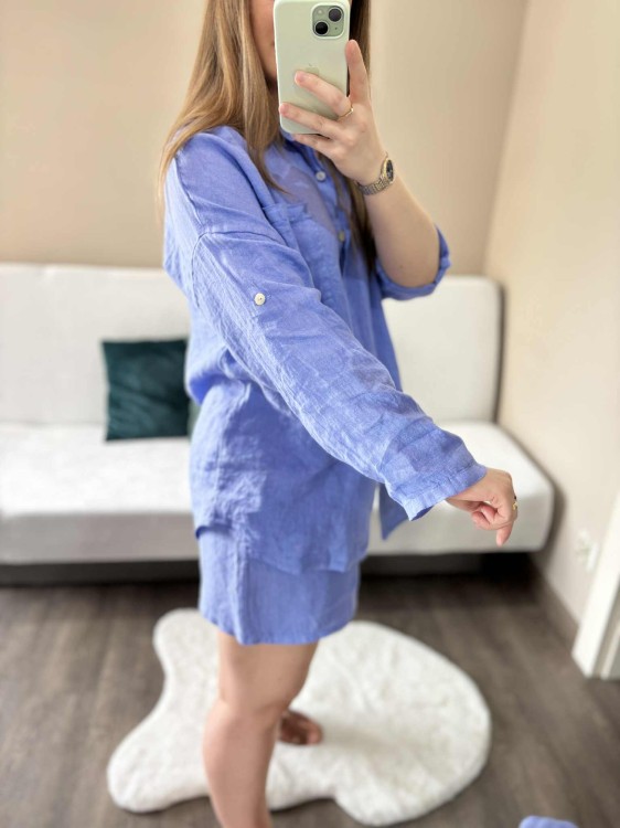 komplet len niebieski, len, lniany, komplet lniany niebieski, komplet na lato, koszula lniana, spodenki lniane, komplet damski lniany, komplet na lato niebieski