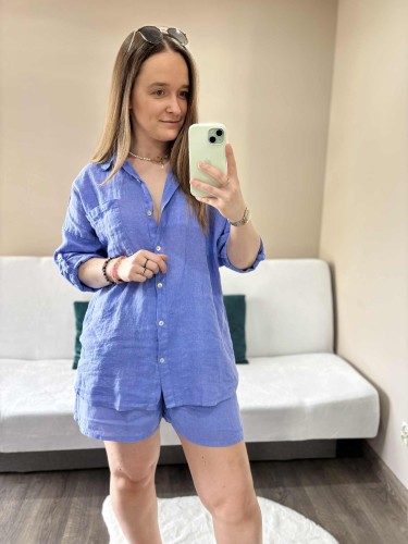 komplet len niebieski, len, lniany, komplet lniany niebieski, komplet na lato, koszula lniana, spodenki lniane, komplet damski lniany, komplet na lato niebieski