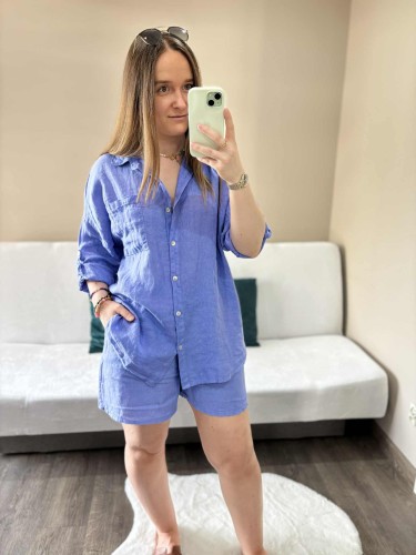 komplet len niebieski, len, lniany, komplet lniany niebieski, komplet na lato, koszula lniana, spodenki lniane, komplet damski lniany, komplet na lato niebieski