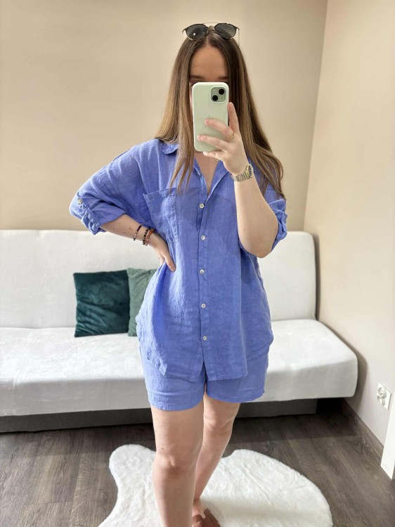 komplet len niebieski, len, lniany, komplet lniany niebieski, komplet na lato, koszula lniana, spodenki lniane, komplet damski lniany, komplet na lato niebieski