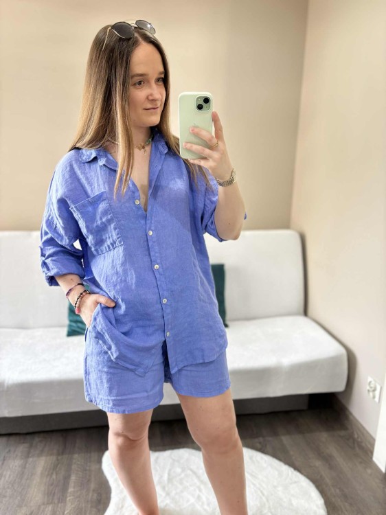 komplet len niebieski, len, lniany, komplet lniany niebieski, komplet na lato, koszula lniana, spodenki lniane, komplet damski lniany, komplet na lato niebieski