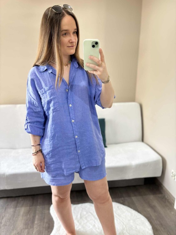 komplet len niebieski, len, lniany, komplet lniany niebieski, komplet na lato, koszula lniana, spodenki lniane, komplet damski lniany, komplet na lato niebieski