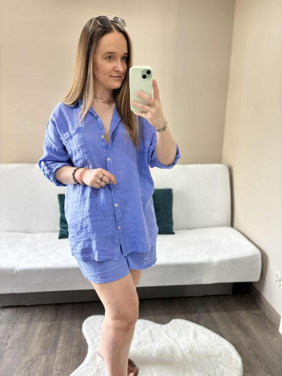 komplet len niebieski, len, lniany, komplet lniany niebieski, komplet na lato, koszula lniana, spodenki lniane, komplet damski lniany, komplet na lato niebieski