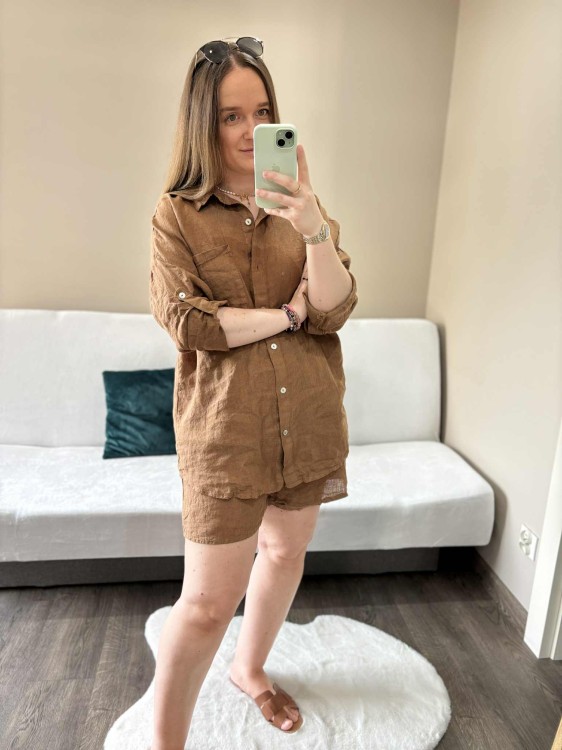 komplet len czekoladowy, len, lniany, komplet lniany czekoladowy, komplet na lato, koszula lniana, spodenki lniane, komplet damski lniany, komplet na lato czekoladowy