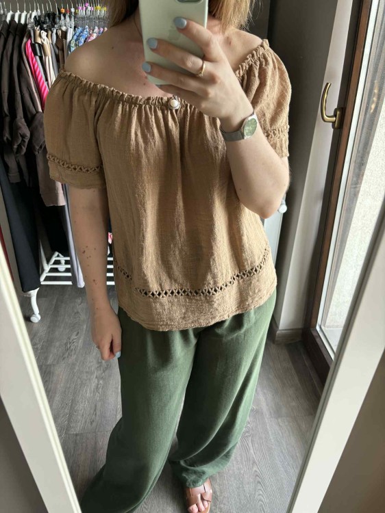 bluzka hiszpanka karmelowa, bluzka hiszpanka bawełniana, bluzka boho na lato, bluzka damska hiszpanka, letnia bluzka z odkrytymi ramionami, bawełniana bluzka damska